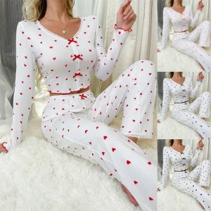 Sleepwear Pajamas 2 Piece Sets Women Top Pants Suit Heart Print Bow Loungewear Trousers Outfits Autumn Nightwear Ensemble