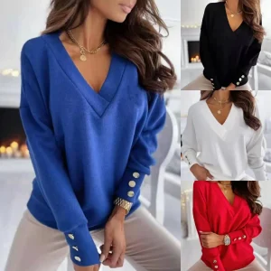 Sweater Top Women Casual Pullover Jumper Button V Neck Solid Color Long Sleeve Office Lady 2025 Spring Knitting Tops Knitwear