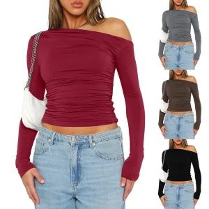 Women Top Base Layer T Shirt Folds Full Sleeve Skew Collar Solid Color Off Shoulder Tops Female Sexy Slim Tees Spring Autumn