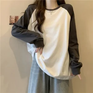 Women Top Patchwork Tees Spliced T Shirts O Neck Long Sleeve Tops Pullover Loose Slight Strech Basics Autumn 2025 Sports