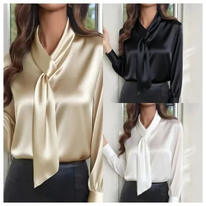 Women Blouse Top Spring Autumn Office Lady Blouses Lace Up Bow Neck Solid Color Full Sleeve Female Formal Workwear Tops Shirt